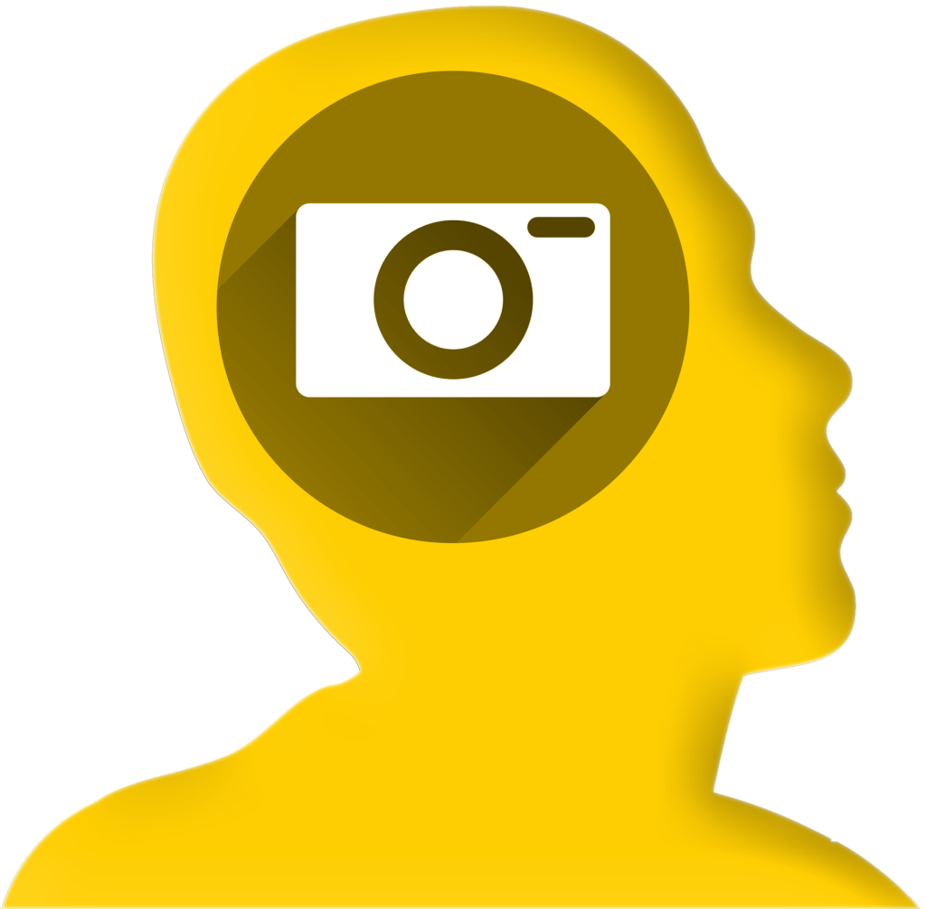 Vereinfachte Darstellung eines Kopfes mit einem Fotoapparat in der Mitte