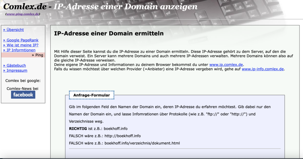 Screenshot einer Webseite, mit deren Hilfe man die Domain ermitteln kann.