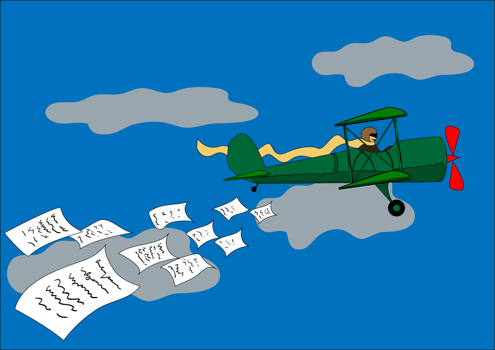 Grünes Comic-Flugzeug wirft Flugblätter ab