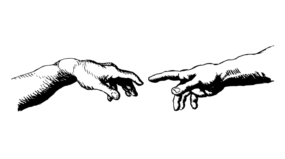 Zwei Hände berühren sich fast mit dem Zeigefinger, das Bild ist von Leonardo Da Vinci