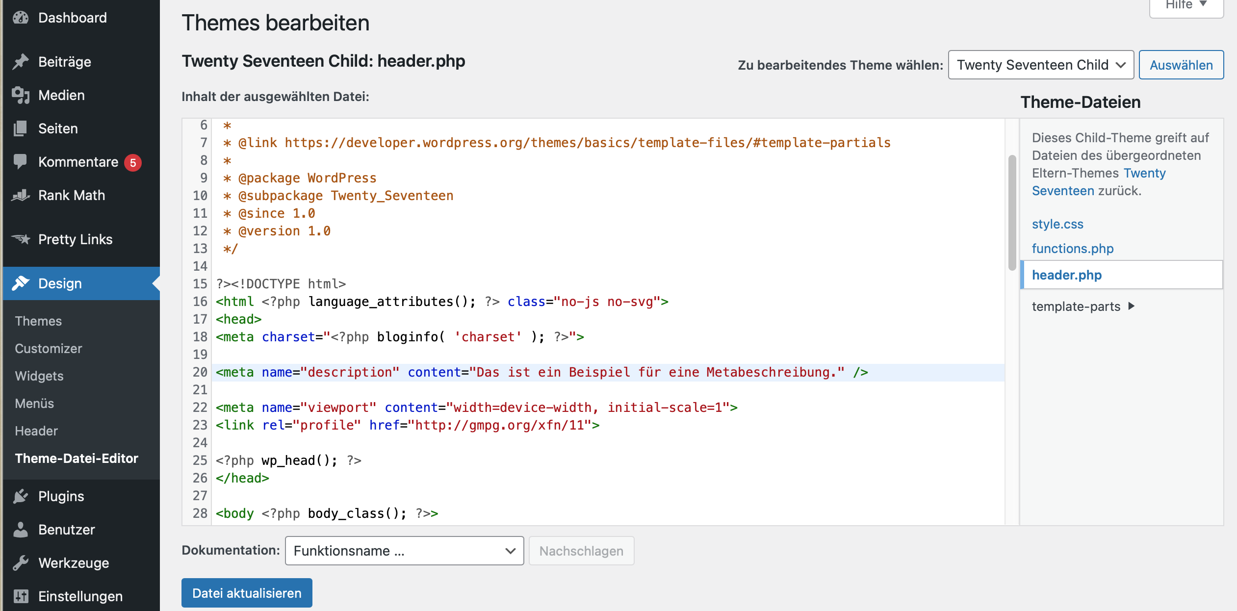 Metadescription ohne Plugin - Screenshot