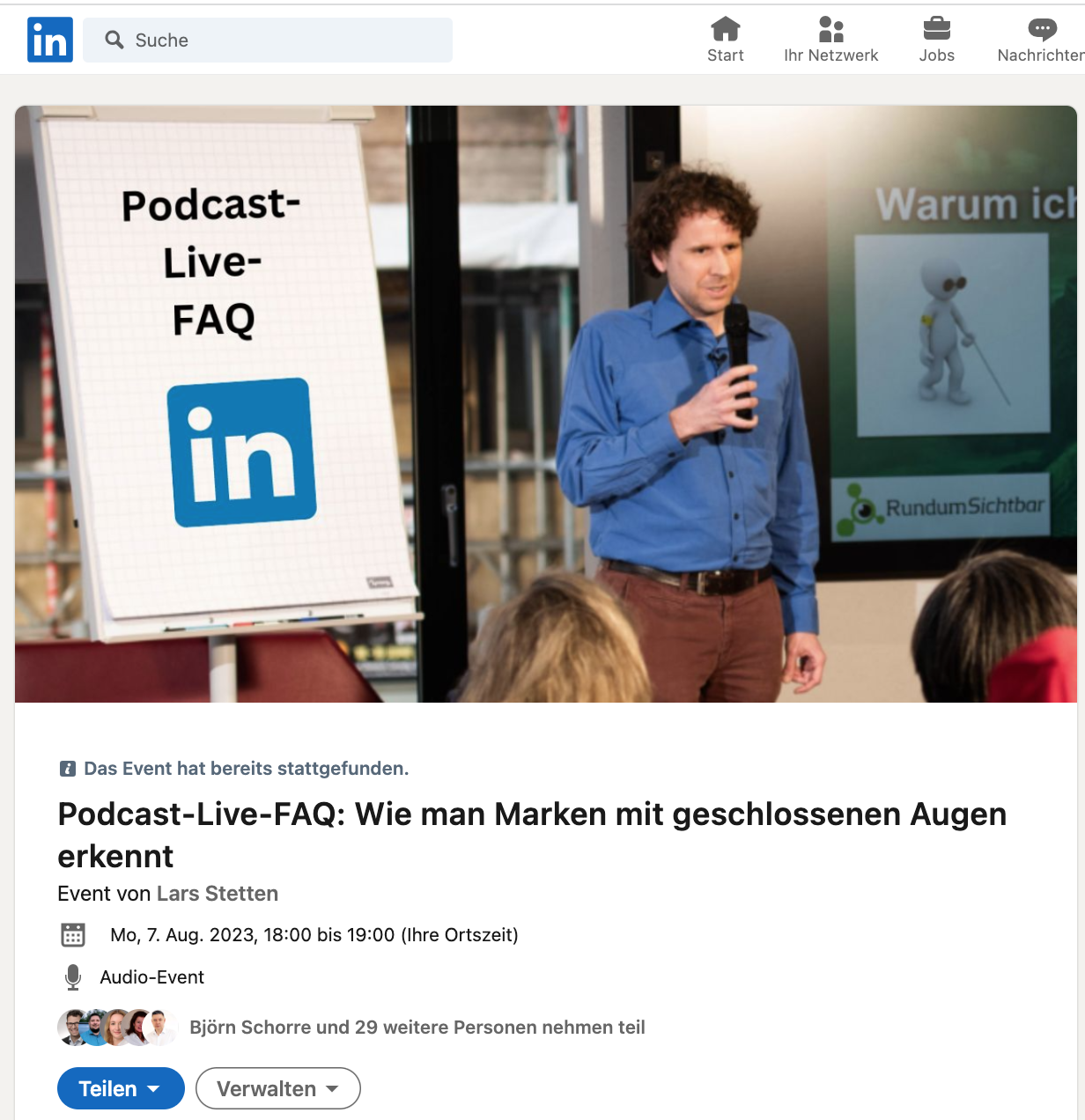 Screenshot vom August-LinkedIn-Live-Audio-Event Podcast-Live-FAQ