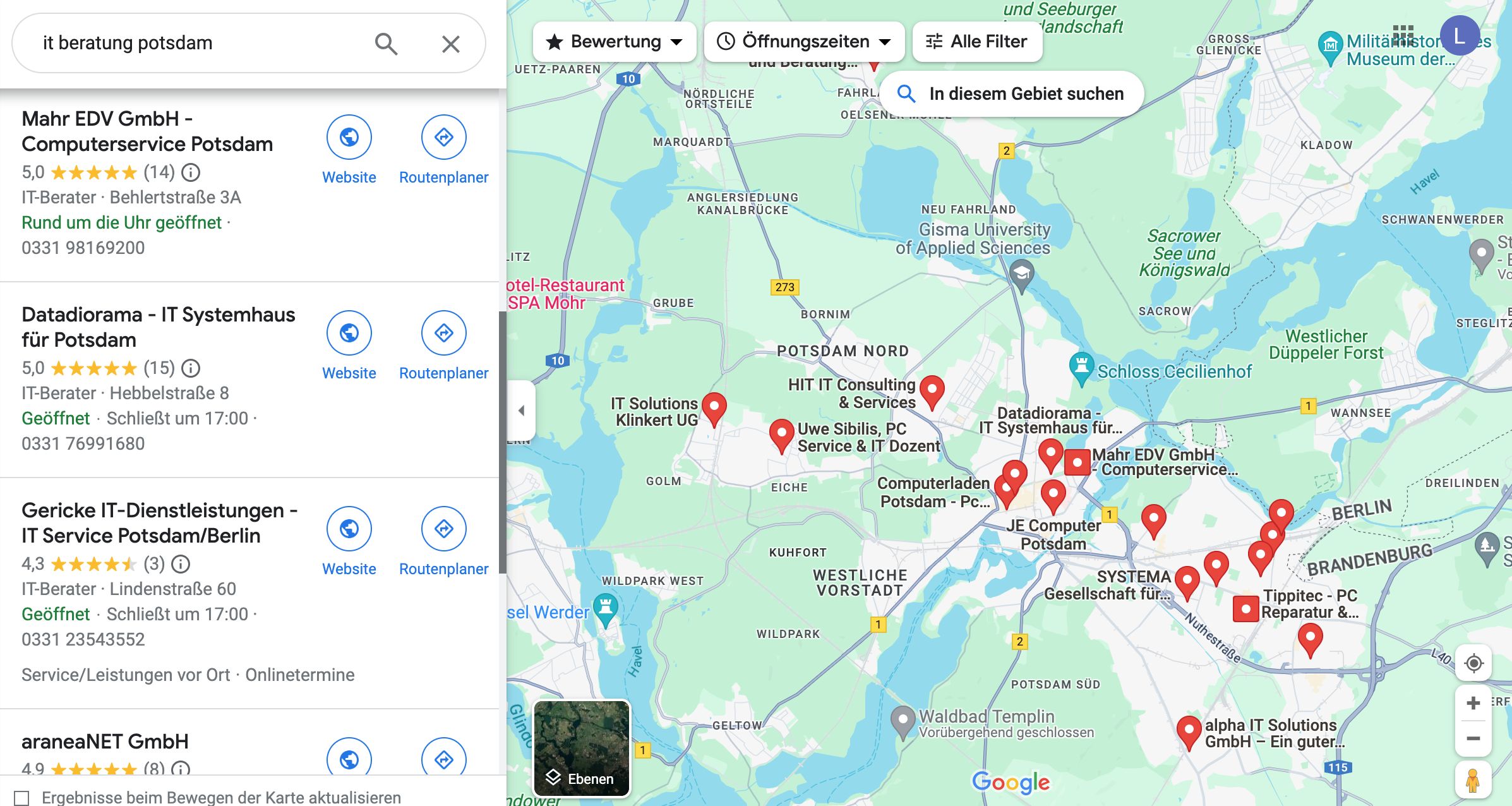 Screenshot von Google Maps Liste für "IT Potsdam".